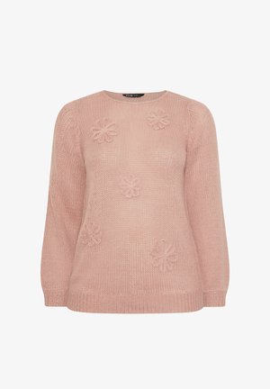 Miękki, różowy sweter z dzianiny z długimi bufkami i pięcioma wypukłymi wzorami kwiatowymi na przodzie.