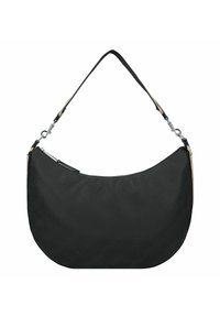 Schwarze Hobo-Tasche mit glatter Textur, die ein geprägtes Logo-Muster aufweist. Enthält einen kontrastierenden, tanfarbenen Riemen und silberne Hardware-Akzente.