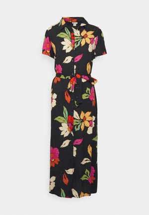 Vestido midi negro de manga corta con un gran estampado floral colorido, botones en la parte delantera, cuello y cinturón de tela para atar en la cintura.