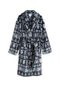 Fleece badrock i marinblått med vita vinterteman, som har björnar, träd och snöflingor. Inkluderar ett bälte och fickor.