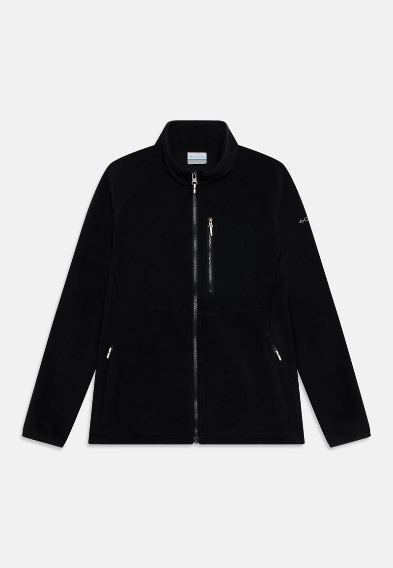 Veste en polaire noire avec un col haut, fermeture éclair à l'avant, deux poches latérales et une poche sur la poitrine ; texture lisse avec des accents de design subtils.