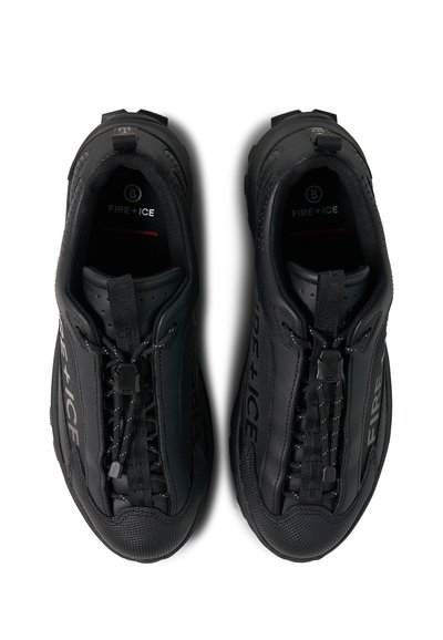 Pair of black Fire + Ice sneakers with a toggle lace system, textured toe caps, and branding on the sides, viewed from above on white background.