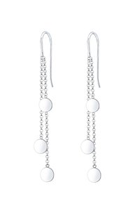 Des boucles d'oreilles en argent en forme de goutte comportent trois disques ronds sur des chaînes liées, avec un design de crochet pour un port sécurisé. Texture lisse et polie avec une surface réfléchissante.