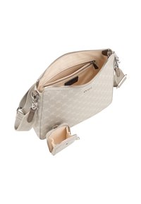 Bežová crossbody taška s vzorovaným vonkajškom, so zipsovým uzatváraním a vnútornými vreckami. Zahrnutá je aj malá zodpovedajúca peňaženka so zipsovým uzatváraním.