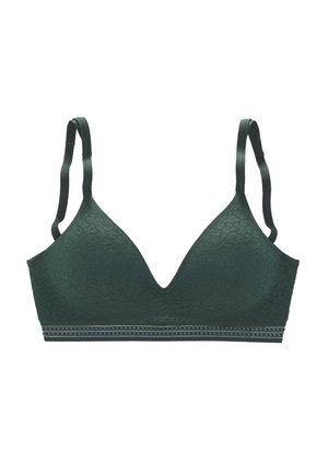 Green lace bralette with a deep V-neck design, adjustable straps, and a decorative band featuring a subtle pattern at the bottom.