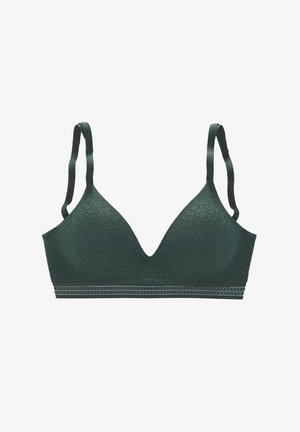 Grünes Spitzen-Bralette mit tiefem V-Ausschnitt, verstellbaren Trägern und einem dekorativen Band mit dezentem Muster am unteren Rand.