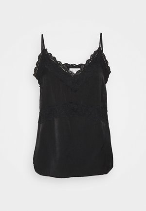 Sort satin camisole med tynde stropper og blondedetaljer langs halsudskæring og talje, vist på ensfarvet hvid baggrund.