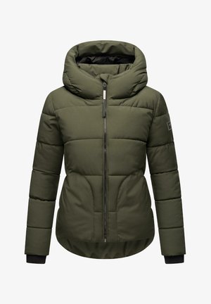 Jachetă puffer verde olive, cu guler înalt, fermoar frontal și manșete cu nervuri. Prezintă un design capitonat și un tiv rotunjit.