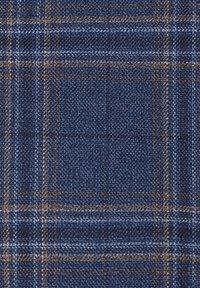 Granatowa tkanina w kratkę z teksturowanym splotem. Charakteryzuje się cienkimi białymi i brązowymi liniami tworzącymi wzór siatki. Gładka powierzchnia z delikatnym połyskiem.