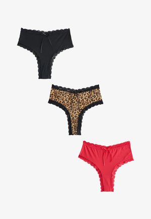 Tre perizoma da donna con bordo in pizzo: nero, stampa leopardata con pizzo nero e rosso con bordo in pizzo coordinato e piccoli fiocchi frontali.