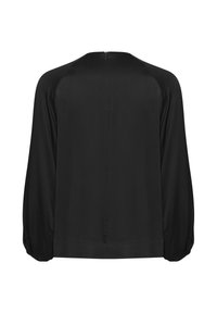 Blusa nera con una texture liscia, maniche a sbuffo lunghe e scollatura arrotondata sul retro. Presenta una piccola zip sul retro e una vestibilità ampia.