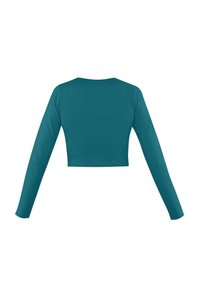 Türkiser Langarm-Crop-Top mit glatter Textur, rundem Ausschnitt und enganliegenden Ärmeln. Keine sichtbaren Muster oder Hardware-Details.