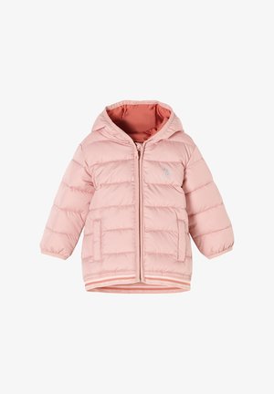 Chaqueta acolchada rosa con capucha, diseño acolchado, cremallera frontal y dos bolsillos laterales. Cuenta con puños acanalados y un forro interior liso.