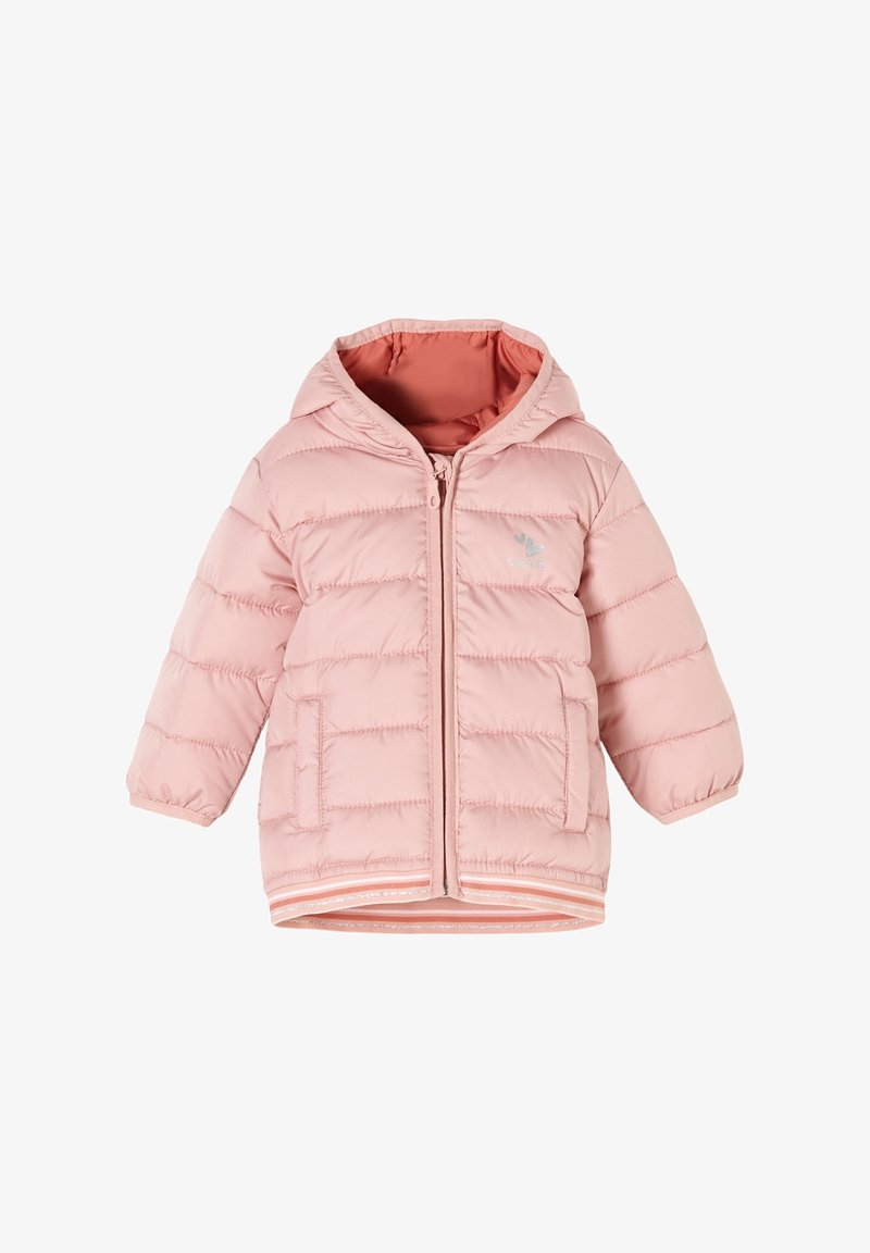 Veste matelassée rose avec capuche, design matelassé, fermeture éclair à l'avant et deux poches latérales. Comprend des poignets côtelés et une doublure intérieure lisse.