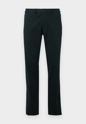 Black trousers made of a smooth, lightweight fabric. Features a classic straight leg design, button closure, and front pockets.
