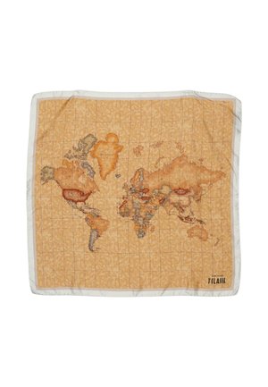 Vintage styl světa vytištěná na béžovém čtvercovém šátku s jemným listovým vzorem a bílým okrajem, zobrazující kontinenty a země.