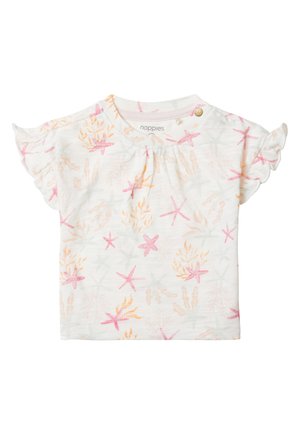 Chemisette blanche à manches courtes ornée de motifs d'étoiles de mer roses et oranges ainsi que de coraux. Manches froncées et encolure froncée.