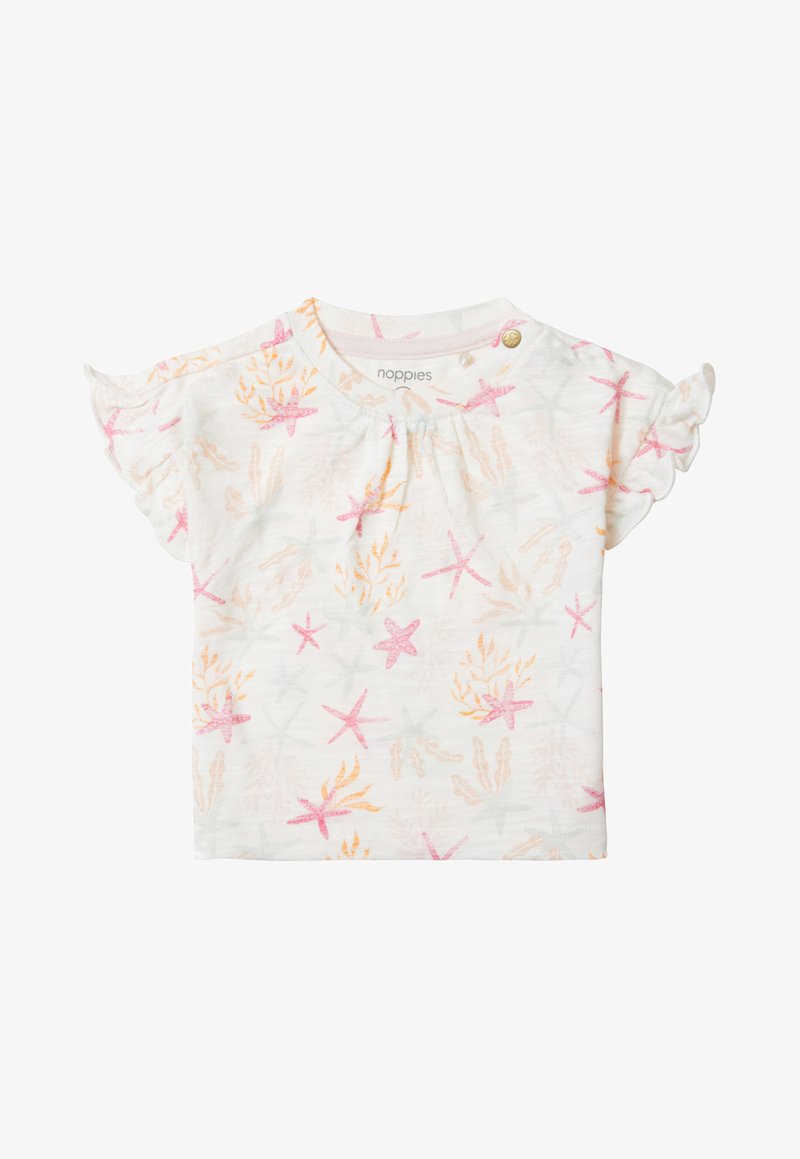 Witte shirt met korte mouwen met een patroon van roze en oranje sterren en koraal. Gerimpelde mouwen en een gathered halslijn detail.