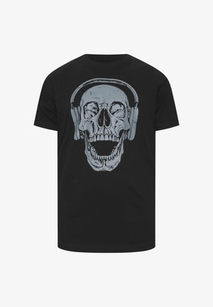 Black t-shirt with a large gray graphic of a skull wearing headphones and smiling with an open mouth centered on the front.