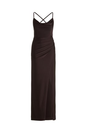 Black maxi dress with a fitted bodice, ruched detailing, and a thigh-high slit. Features thin, crisscross spaghetti straps. Smooth fabric texture.