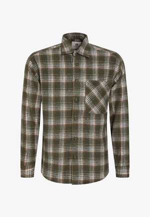 Zeleno-bela karirana flanelasta srajca z dolgimi rokavi, gumbasto zapiranje, ena prsna žep in teksturirano blago.