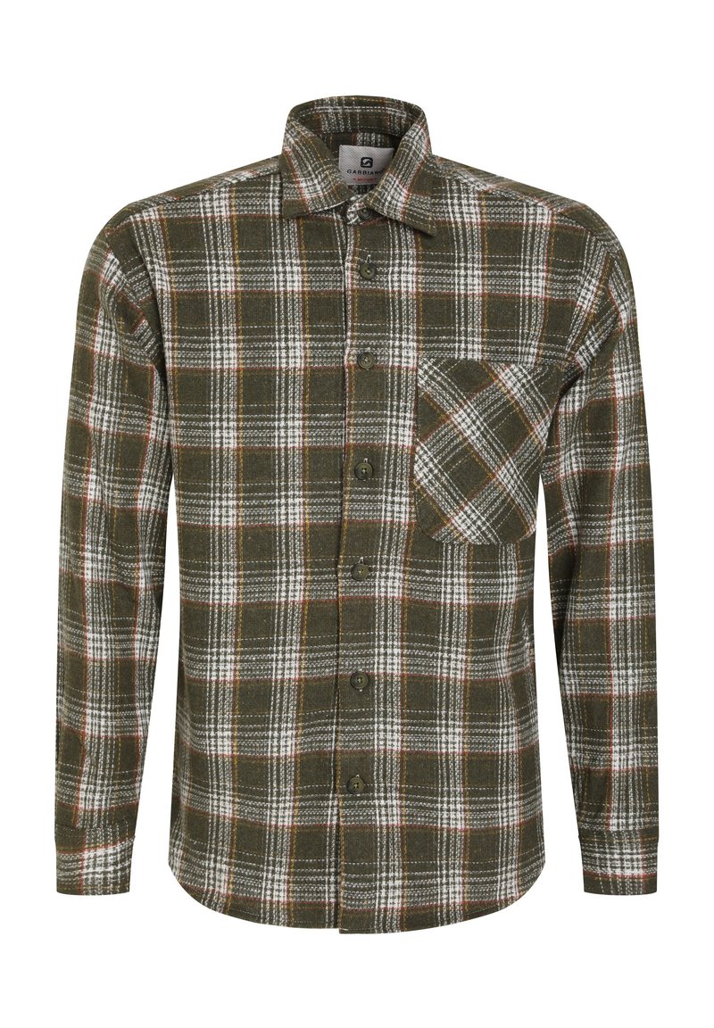 Camicia in flanella a quadri verde e bianca con maniche lunghe, chiusura a bottoni, taschino sul petto e tessuto testurizzato.