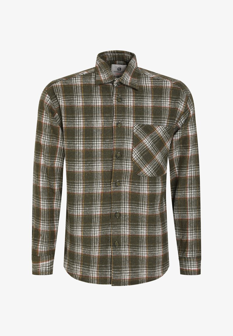 Camicia in flanella a quadri verde e bianca con maniche lunghe, chiusura a bottoni, taschino sul petto e tessuto testurizzato.