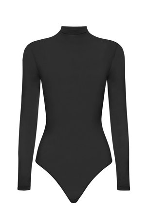 Sorte langærmede bodystockings med høj hals, glat tekstur og et tætsiddende design med en thong-cut i bunden.