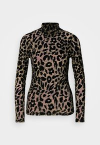 Zwart en tan leopardenprint lange mouwen top, gemaakt van een zachte, gemêleerde stof. Kenmerkt zich door een hoge halslijn en een aansluitende silhout.