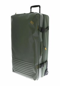 Rollkoffer aus dunkelgrünem wasserdichtem Material, ausgestattet mit einem stabilen schwarzen Griff, einer vorderen Trageschlaufe und strukturierten Rillen am Boden.