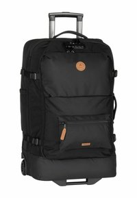 Sac à dos à roulettes avec un corps en tissu, poignée rétractable, grand compartiment principal, poche zippée à l'avant et accents en cuir marron.