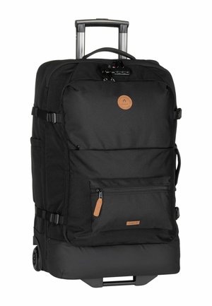 Sac à dos à roulettes avec un corps en tissu, poignée rétractable, grand compartiment principal, poche zippée à l'avant et accents en cuir marron.