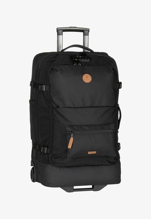 Rollender schwarzer Rucksack mit einem Stoffkörper, ausziehbarem Griff, großem Hauptfach, vorderem Reißverschlussfach und braunen Lederakzenten.