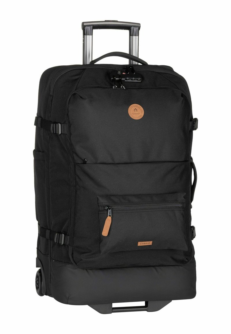 Sac à dos à roulettes avec un corps en tissu, poignée rétractable, grand compartiment principal, poche zippée à l'avant et accents en cuir marron.