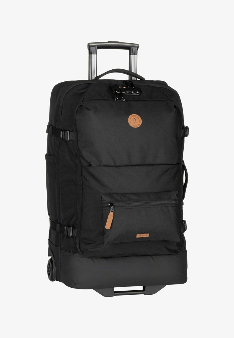 Rollender schwarzer Rucksack mit einem Stoffkörper, ausziehbarem Griff, großem Hauptfach, vorderem Reißverschlussfach und braunen Lederakzenten.