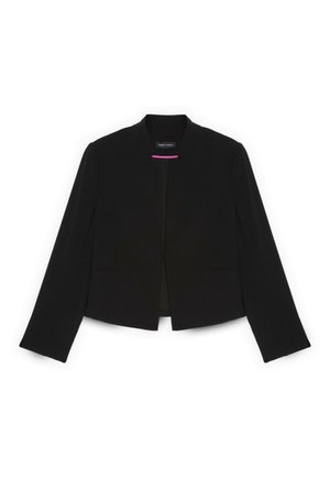 Veste blazer noire pour femme, cintrée, à manches longues, sans col, avec deux poches fendues à l'avant, présentée à plat sur fond blanc.