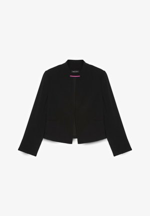Veste blazer noire pour femme, cintrée, à manches longues, sans col, avec deux poches fendues à l'avant, présentée à plat sur fond blanc.