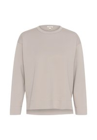 Lys grå langærmet sweatshirt med rund halsudskæring, afslappet pasform og en let cropped søm. Lavet af blødt bomuldsblanding stof.