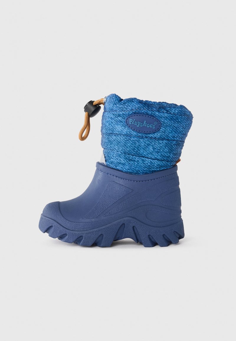 Botas de inverno impermeáveis azuis com parte superior texturizada e fecho com cordão. Sola de borracha grossa com sulcos proeminentes para aderência.