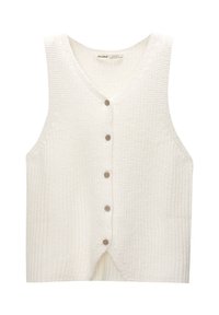 Biały, dziany kamizelka z głębokim dekoltem w serek, pięć brązowych guzików z przodu i bocznymi rozcięciami dla ułatwienia ruchu. Teksturowana tkanina na całej powierzchni.