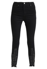 Černé skinny džíny z denimu s detaily z kovových přihrádek na spodním lemu, vysokým pasem a designem s pěti kapsami. Elastická tkanina pro pohodlí.