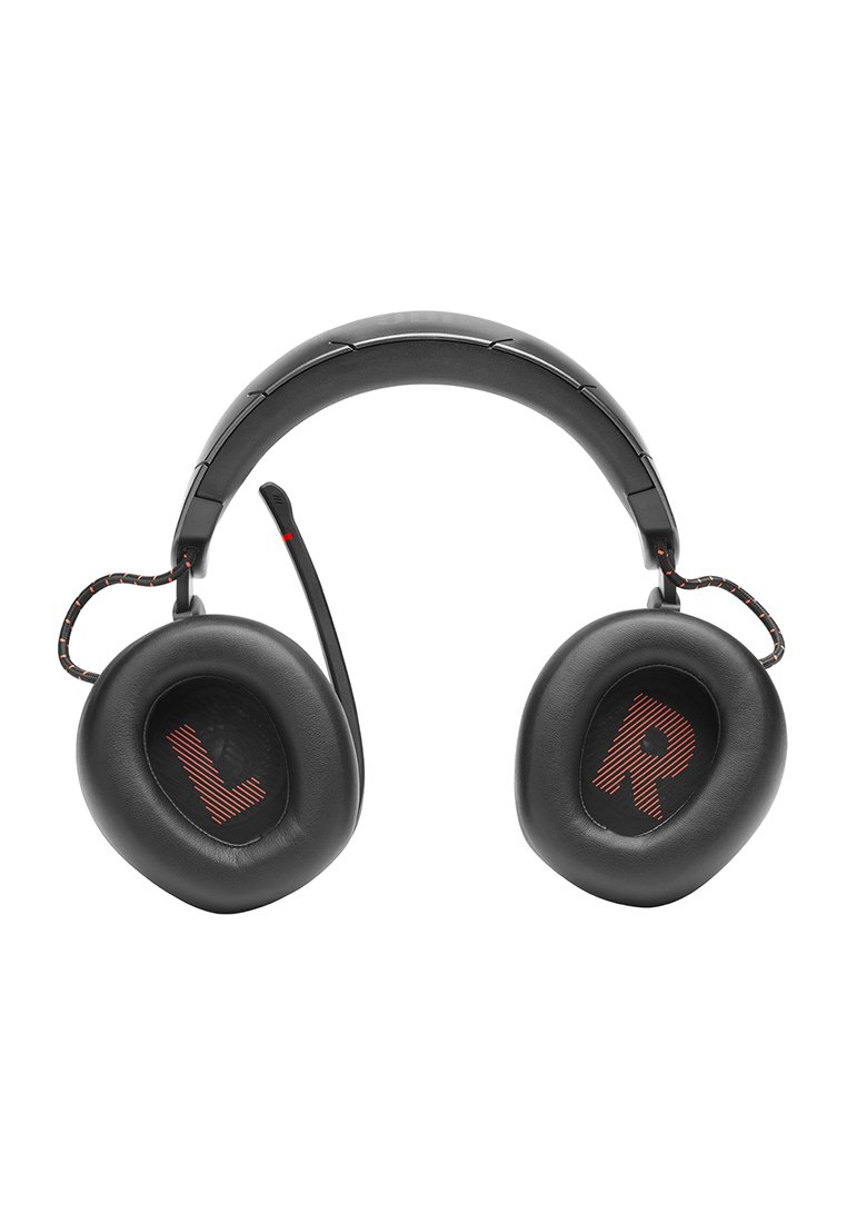 Cuffie da gioco over-ear nere con padiglioni imbottiti etichettati "L" e "R" e un microfono regolabile attaccato sul lato sinistro.