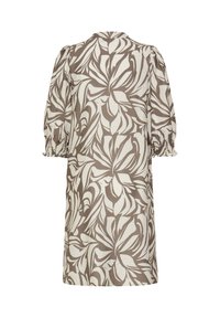 Haljina do koljena s apstraktnim uzorkom listova u smeđoj i bijeloj boji, napuhanih polurukava i gumicom na manžetnama, prikazana s leđa.