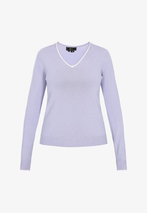 Világos levendula színű, hosszú ujjú pulóver, V-nyakkivágással, bordás szegéllyel és mandzsettával. A nyakkivágás mentén kontrasztos fehér díszítéssel rendelkezik.