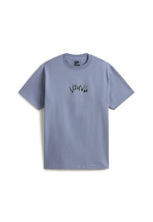 Lichtblauw T-shirt met korte mouwen en ronde hals, met een klein zwart-wit gestileerd "Vans" logo gecentreerd op de borst.