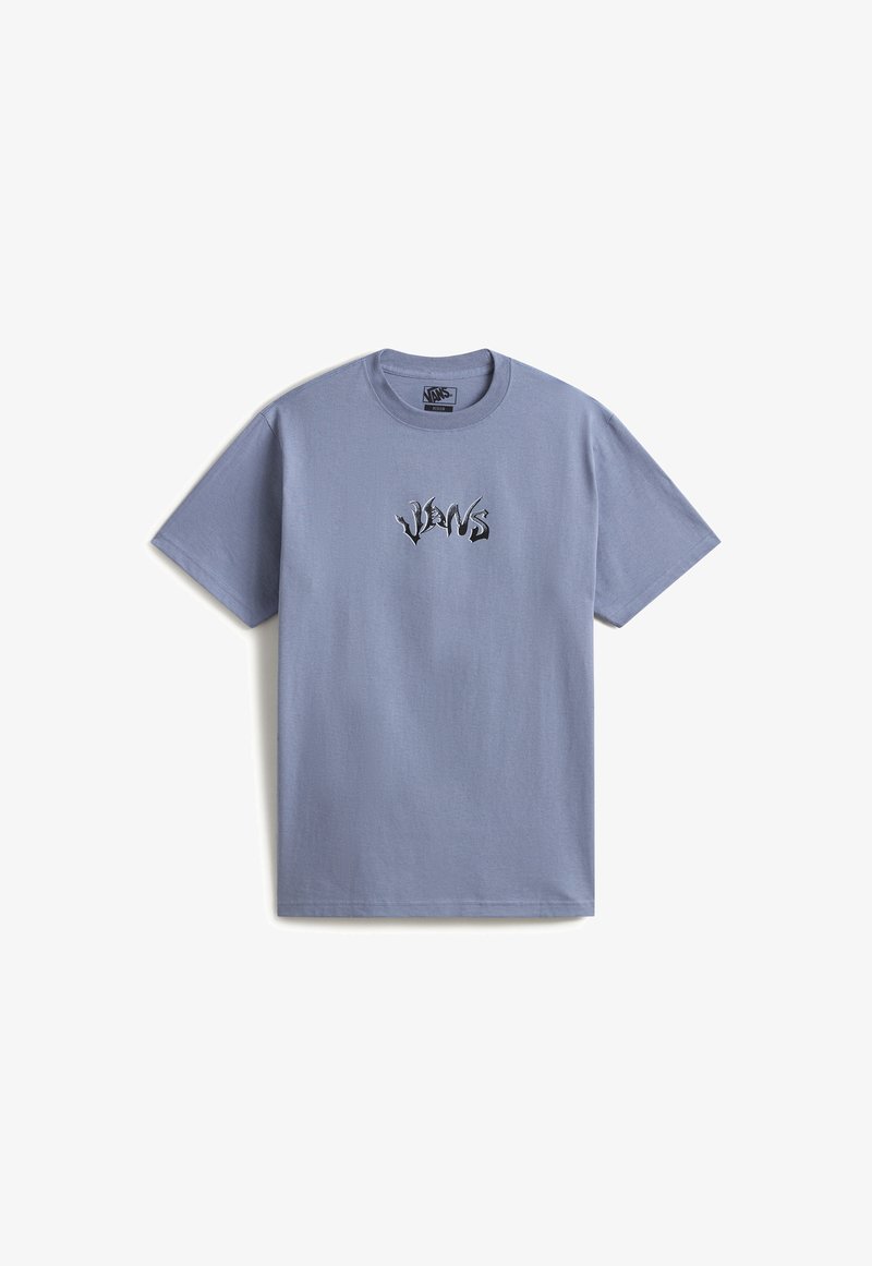T-shirt bleu clair à manches courtes avec un col rond et un petit logo stylisé "Vans" en noir et blanc centré sur la poitrine.