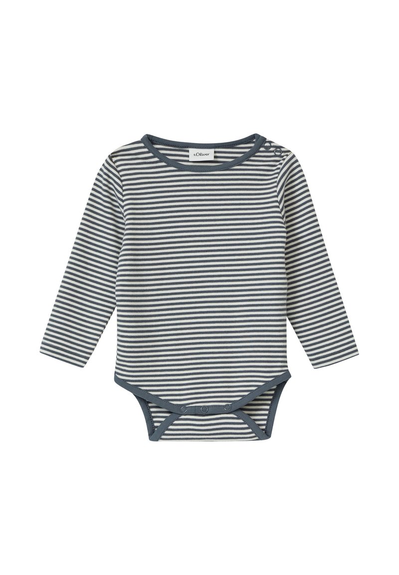 Gestreifter Langarm-Body in Marineblau und Weiß, mit einem Rundhalsausschnitt, Knopfverschluss an der Schulter und Druckknöpfen am unteren Ende.