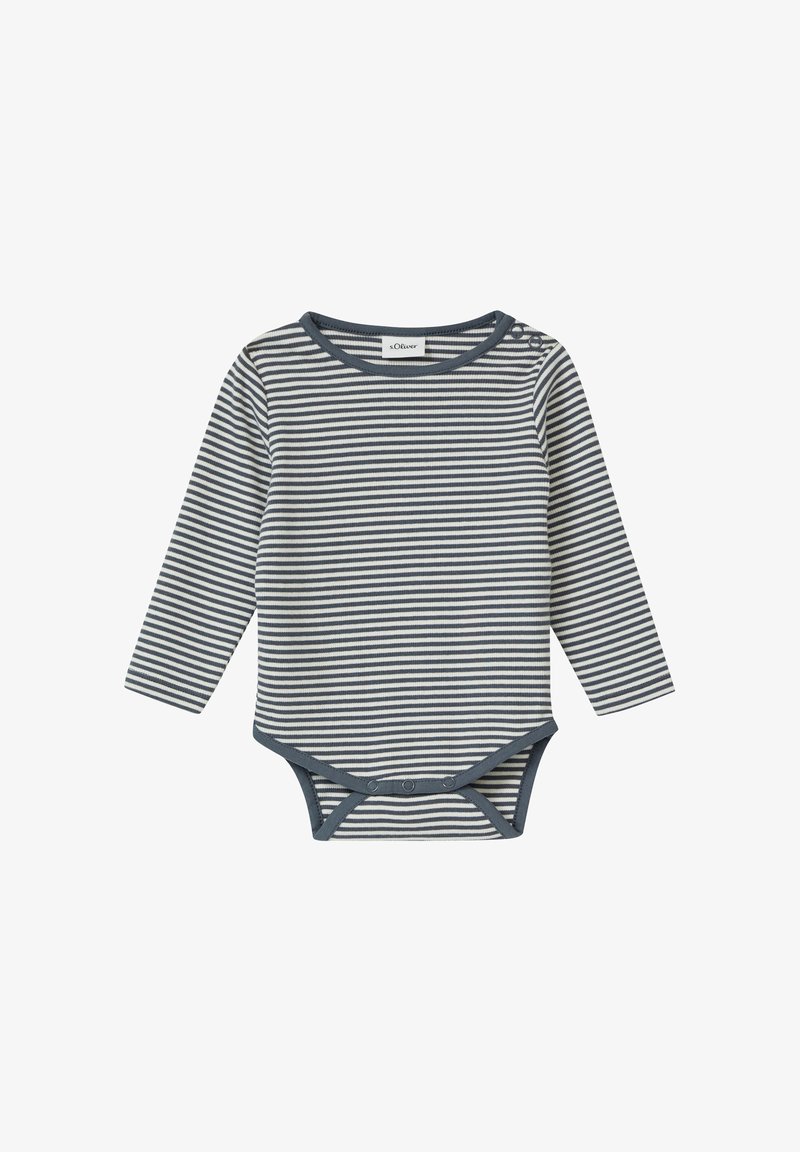 Gestreifter Langarm-Body in Marineblau und Weiß, mit einem Rundhalsausschnitt, Knopfverschluss an der Schulter und Druckknöpfen am unteren Ende.