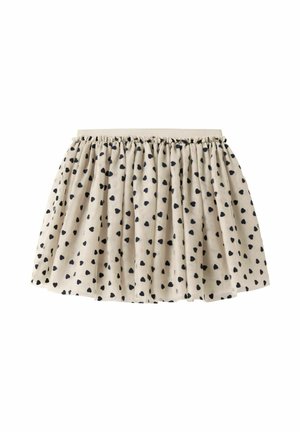 Jupe beige froncée avec des motifs de cœurs noirs et une taille élastique, présentée sur un fond blanc.