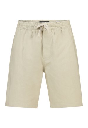 Beige knielange shorts met elastische tailleband en voorste trekkoord. Simpele, casual stijl zonder zichtbare zakken of patronen.